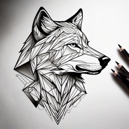 Geometric Wolf Tattoo,geometry meets the wild, as a wolf takes shape through precise lines and angles, symphony of artistry. , color tattoo design, white clean background