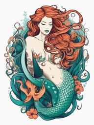 Mermaid and Octopus Tattoo - Explore the enchanting underwater world with a tattoo featuring both a mermaid and an octopus.  simple vector color tattoo,minimal,white background