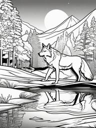 Wolf and River Coloring Pages - Wolf by a Sparkling River  minimal black outline printable sheet, coloring page