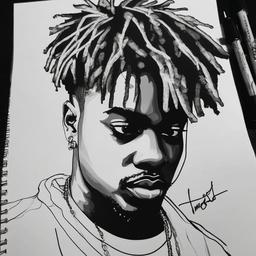 drawing of Juice Wrld with lyrics flowing around him  minimal rough sketch scribbles,doodles,black and white