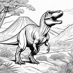 dinosaur coloring pages - a t-rex stands tall, roaring in a prehistoric landscape. 