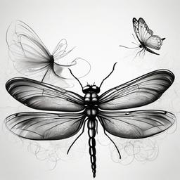 drawing of a dragonfly with a butterfly  minimal rough sketch scribbles,doodles,black and white