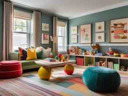 The playroom embodies vintage interior design with cozy seating, colorful toys, and nostalgic decor that provide a stylish space for children's activities.  