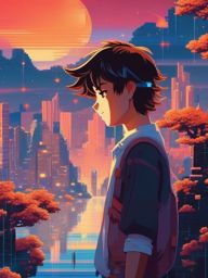 1990 Retro Anime Boy - In a pixelated dreamscape, finds courage and friendship.  clipart style