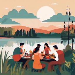 Lakeside Barbecue clipart - Friends having a barbecue by the lake., ,vector color clipart,minimal