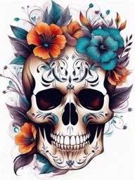 Floral skull tattoo, Creative tattoos that combine floral motifs with skull imagery.  vivid colors, white background, tattoo design