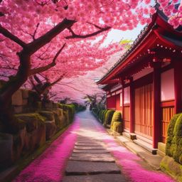 Pink Background - Cherry Blossoms in Kyoto's Philosopher's Path wallpaper splash art, vibrant colors, intricate patterns