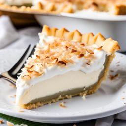 a slice of heavenly coconut cream pie, with a toasted coconut topping and a flaky crust. 