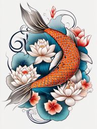 Koi Fish and Lotus Tattoo,a harmonious tattoo combining koi fish and lotus flowers, symbolizing transformation and beauty. , color tattoo design, white clean background