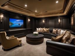 A media room designed with Italian Renaissance interior design features plush seating, elegant decor, and intricate details that enhance the cinematic experience in a luxurious setting.  