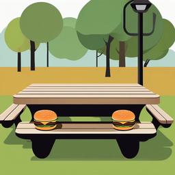 Hamburger clipart - hamburger on a picnic table in a park  color,minimalist,vector clipart