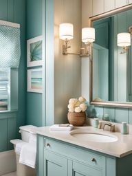 coastal bathroom with beachy decor and a soothing color palette. 