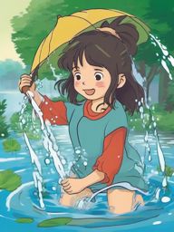 girl playing in water studio Ghibli  , vector illustration, clipart