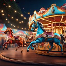 Whimsical carousel in a vibrant carnival, adorned with ornate horses and enchanting music, spins with laughter and joy, a place where dreams take flight. hyperrealistic, intricately detailed, color depth,splash art, concept art, mid shot, sharp focus, dramatic, 2/3 face angle, side light, colorful background