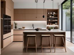 In the kitchen, Japandi interior design includes sleek cabinetry, minimalist decor, and natural materials that combine functionality with a clean and uncluttered aesthetic.  