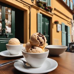 coffee chip ice cream enjoyed at a quaint café in a charming european village. 