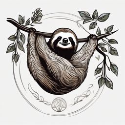 Sloth Tattoo - Relaxed sloth hanging from a tree branch, emblem of leisure  few color tattoo design, simple line art, design clean white background