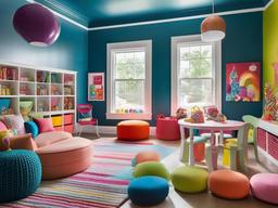 Candy Land playroom incorporates bright colors, whimsical furniture, and fun storage solutions, offering a vibrant space for children's activities and creativity.  