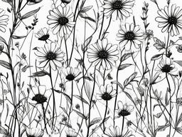 drawing of wildflowers swaying in the breeze  minimal rough sketch scribbles,doodles,black and white