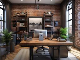 Industrial home office incorporates exposed brick walls, metal accents, and a wooden desk, giving it a trendy and urban feel.  