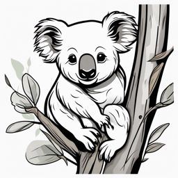 Koala Tattoo - Cute koala clinging to a eucalyptus tree, an emblem of comfort  few color tattoo design, simple line art, design clean white background