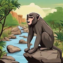 Baboon cartoon - Baboon climbing rocks by a river  