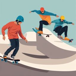 Skatepark Skateboarding Tricks Clipart - Skateboarders impressing with tricks in a skatepark.  color vector clipart, minimal style