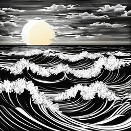 ocean sunrise, black and white, sunbeams, waves
  , vector illustration, clipart