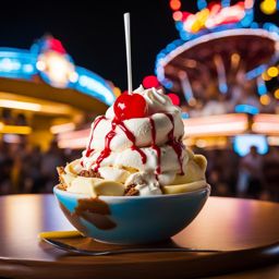 banana split ice cream sundae devoured at a bustling amusement park. 