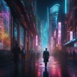 In a futuristic city, detective with cybernetic enhancements investigates a series of disappearances tied to holographic graffiti.  8k, hyper realistic, cinematic