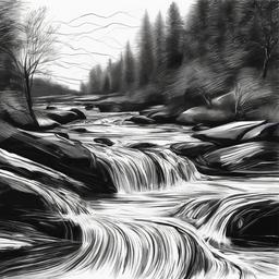 drawing of water flowing in a stream  minimal rough sketch scribbles,doodles,black and white