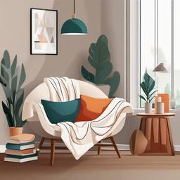 Reading clipart - cozy reading corner with blankets and pillows  color,minimalist,vector clipart