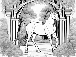 unicorn coloring pages - noble unicorn bowing its head in reverence at the entrance to an ancient, sacred grove. 