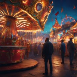 Mysterious carnival appears in town, but it's not as it seems, and visitors vanish. hyperrealistic, intricately detailed, color depth,splash art, concept art, mid shot, sharp focus, dramatic, 2/3 face angle, side light, colorful background