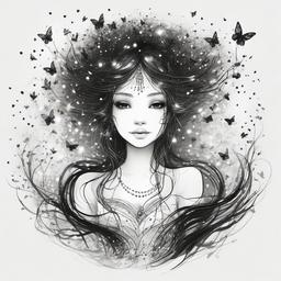 drawing of a fairy surrounded by fireflies  minimal rough sketch scribbles,doodles,black and white