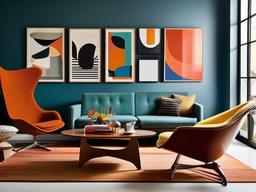 Mid-century modern living room features retro-inspired furniture, such as an Eames chair, wooden coffee tables, and bold graphic art, adding a nostalgic touch.  