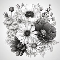 Black and white Poppy, Daisy, chrysanthemum bouquet draw in pencil style