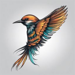 Flicker tattoo with luminescent feathers in flight.  color tattoo style, minimalist design, white background