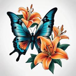 butterfly with lily tattoo  simple color tattoo, minimal, white background