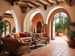 Mediterranean-style living room with terracotta tiles and arched doorways.  