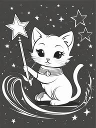 Kitty with a Star Wand Coloring Pages - Magical Kitten Holding a Wand  minimal black outline printable sheet, coloring page