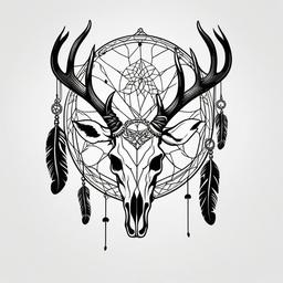 Deer Skull Dream Catcher Tattoo - Tattoo combining a dream catcher with deer skull motifs.  simple vector tattoo,minimalist,white background