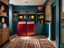 A utility room designed with Egyptian Revival interior design includes organized storage solutions, vibrant colors, and thematic decor that make chores feel more enjoyable and stylish.  