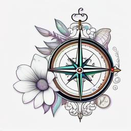 Compass, flowers  ,tattoo design, white background