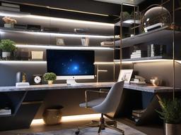 The home office exemplifies cosmic chic interior design, featuring a desk with galaxy-inspired patterns, modern shelving, and ambient lighting that inspires creativity and focus.  