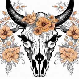 Bull skull with floral wreath ink. Blooms of strength in untamed beauty.  color tattoo design, white background