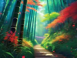 Anime Background - Anime Characters in Kyoto's Bamboo Forest wallpaper splash art, vibrant colors, intricate patterns