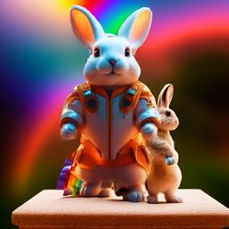 bunny standing on a marble pedestal with rainbow in the background
