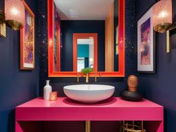 In the powder room, cosmic chic interior design includes bold colors, whimsical fixtures, and playful accents that transform a small space into a fun experience.  