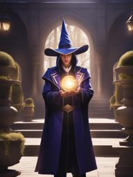 dark magician apprentice magician practicing spells in a magical academy courtyard. 